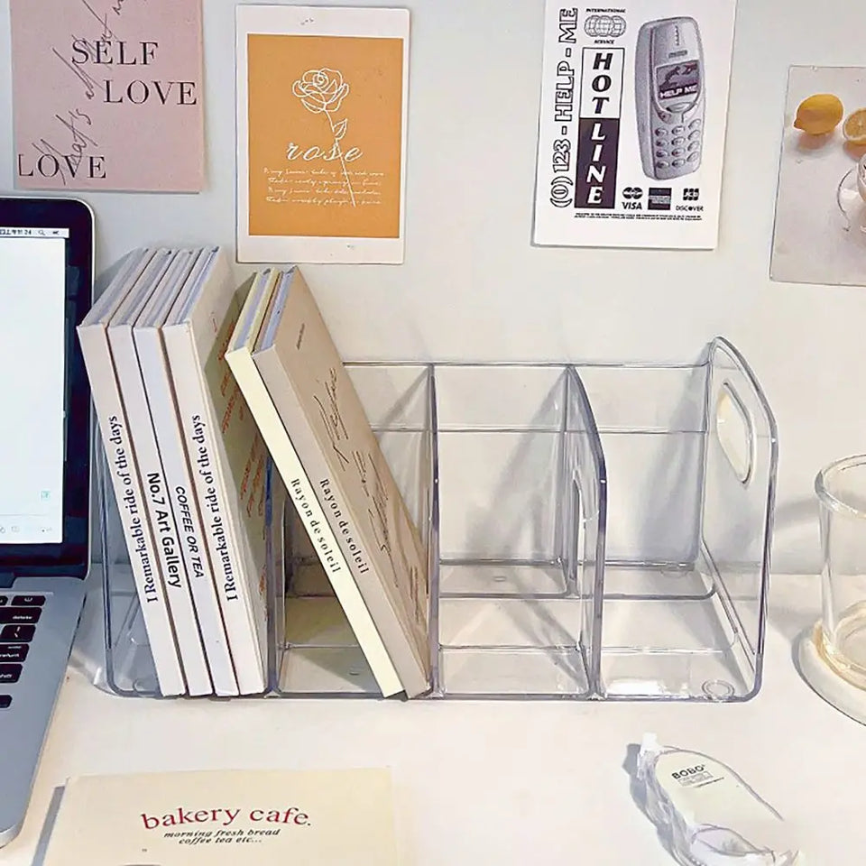Convenient Clear Acrylic Bookends with Handle Desk Organizer Divided Book Stand Desktop Book Holder Student