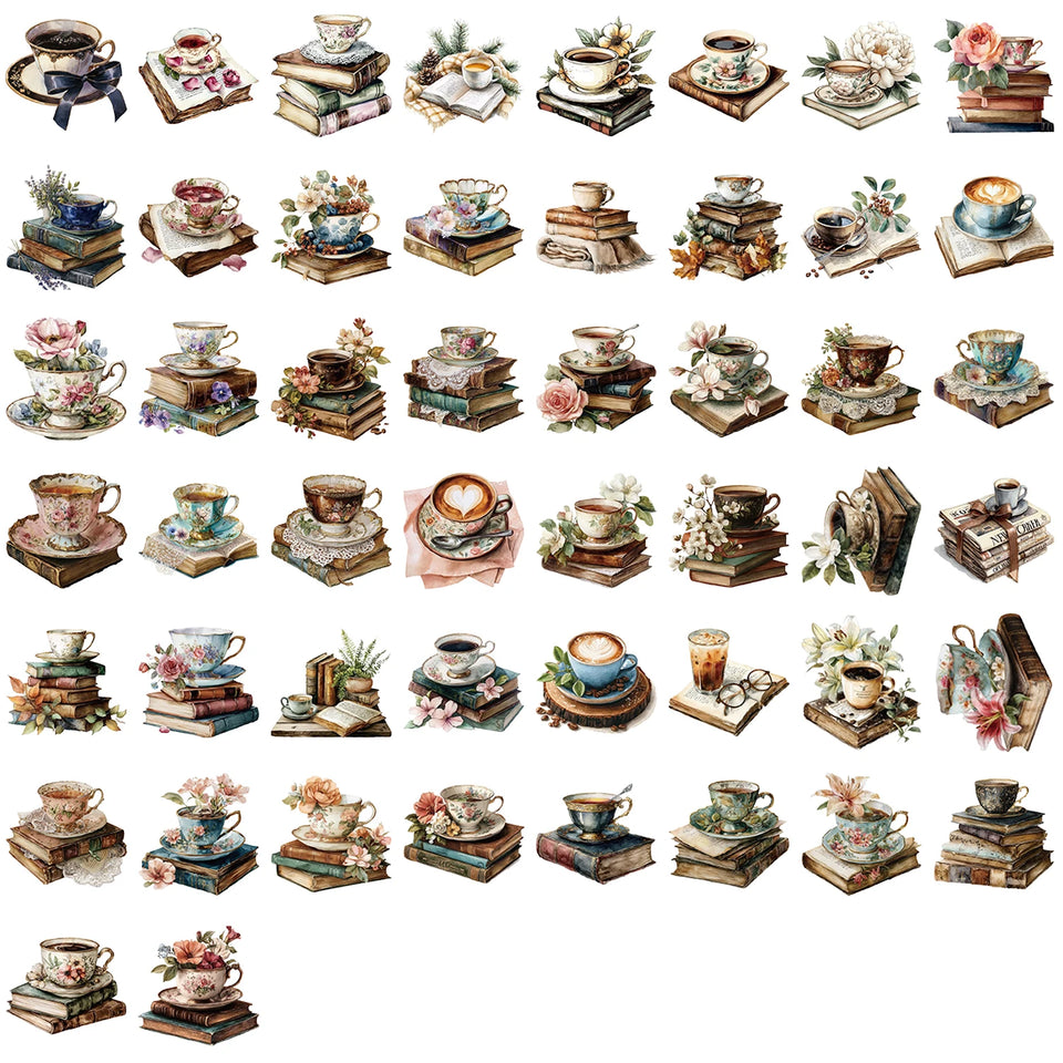50/100PCS Cartoon Coffee Book Theme Sticker Transparent PET Decorative Skateboard Helmet Guitar Waterproof Stickers Kids Toy