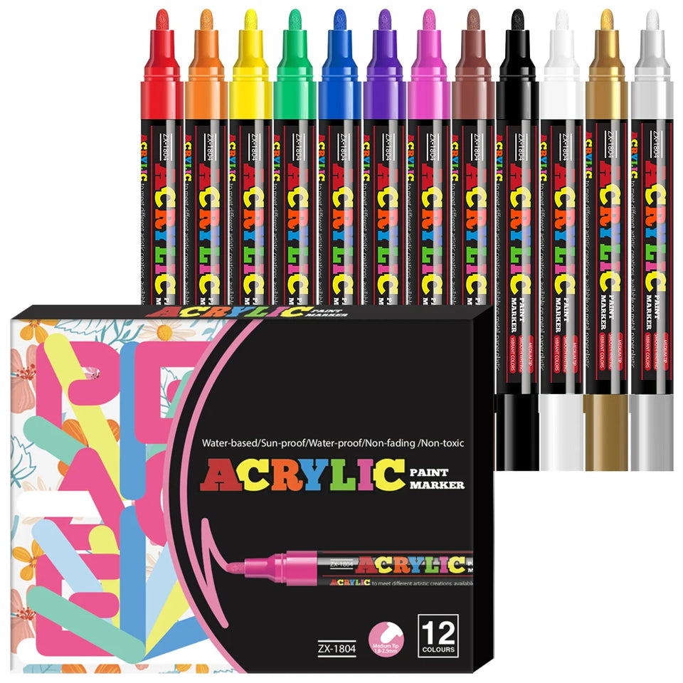 12/18/24 Vibrant Acrylic Marker Set, Medium Tip (2-3mm) Suitable for Rock Painting, Black Paper, and Skateboard Decoration