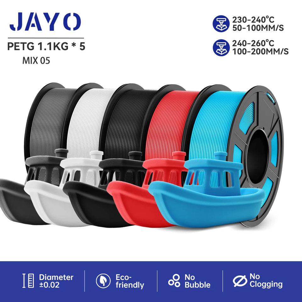 JAYO filaments petg 5Rolls Mixed colors 3D Printer Filament 1.75mm 100% No Bubble FDM 3D Printer Materials DIY Gift 1.1KG/1rolls