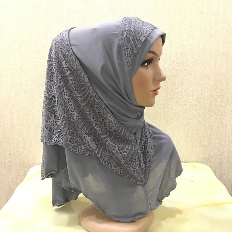 New Arrivals 70*60CM Women Crystal Hemp Turban Hats Lace Splicing Muslim Head Wrap Fashion Scarves Hijab For Lady