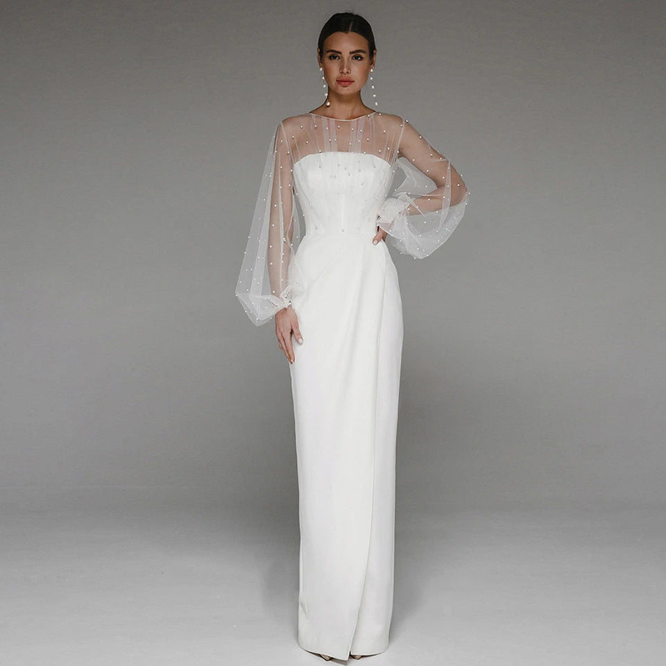 Mermaid Wedding Dresses 2025 New Arrivals O-Neck Full Sleeves Long Bride Dress Pearls Tulle Illusion Sexy Elegant Party Gowns