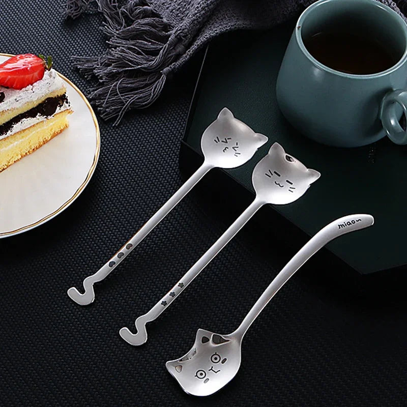 Funny Cat Spoons Cute Cartoon Meow Teaspoons for Coffee Dessert Cake Long Tail Spoon Birthday Gift Kitchen Tableware Accessories