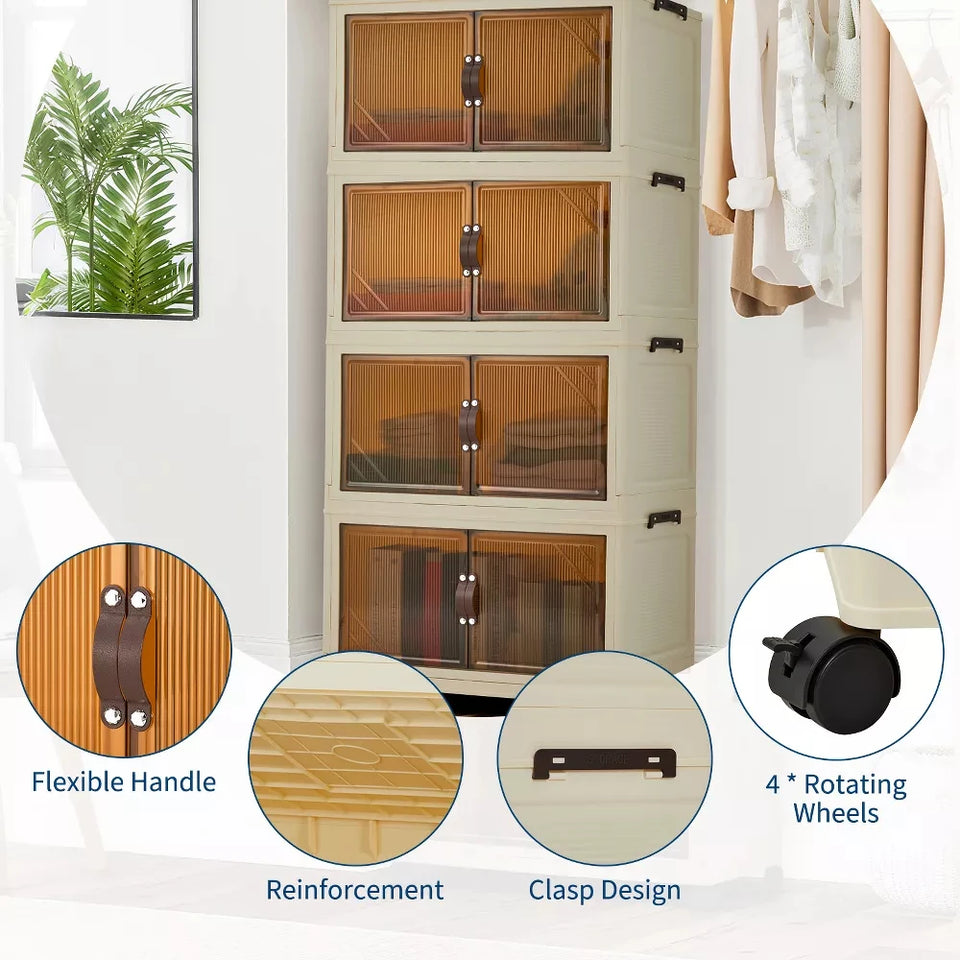 3/4/5-Tier Foldable Storage Cabinet with Lids & Wheels, Stackable Plastic Organizer for Closet, Bedroom, Office & Kitchen