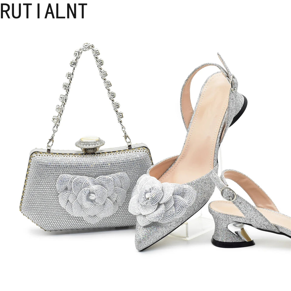 Chic and Elegant Woman Shoes and Bag with Rhinestone Shoe and Bag Set for Party in Women Nigerian Elegant Heeled Shoes for Women