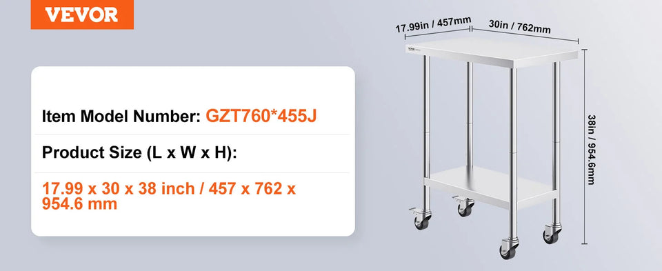 VEVOR Stainless Steel Work Prep Table with 4 Wheels 3 Adjustable Height Levels Heavy Duty Food Prep Worktable for Hotel Home