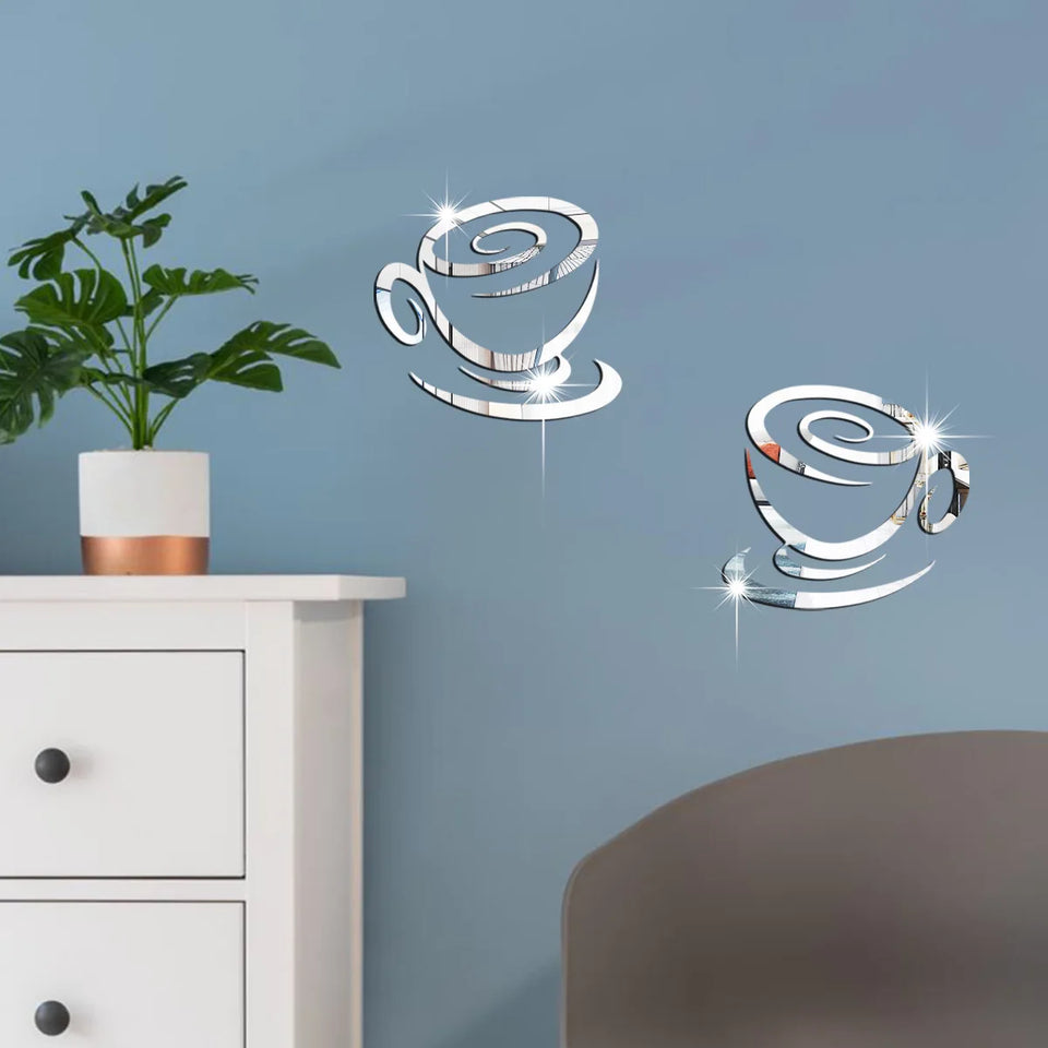 New Creative Acrylic Mirror Coffee Cup Wall Paste Living Room Bedroom Background Wall Decoration Self-adhesive Mirror