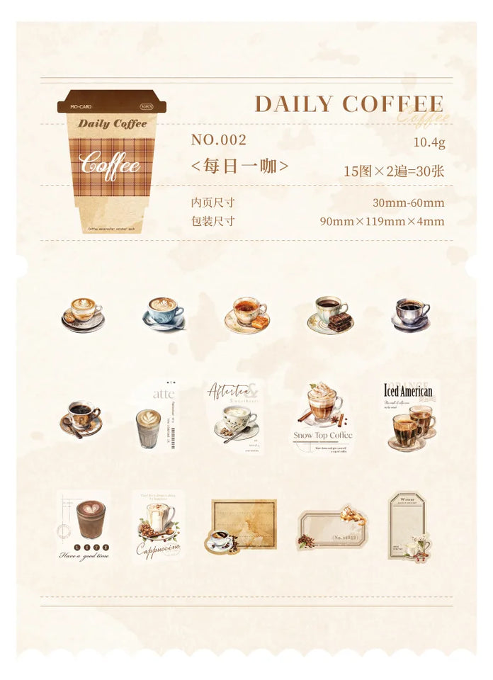 30-Sheet Vintage Coffee Theme Sticker Pack, Retro Coffee Culture Designs & Crisp Details, Perfect for Journal Embellishment