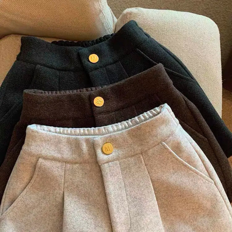 2024 Autumn Winter New Thick Woolen Shorts Korean Loose High Waisted Split Wide Leg Pants Casual Outerwear Boots Pants Women