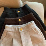 2024 Autumn Winter New Thick Woolen Shorts Korean Loose High Waisted Split Wide Leg Pants Casual Outerwear Boots Pants Women