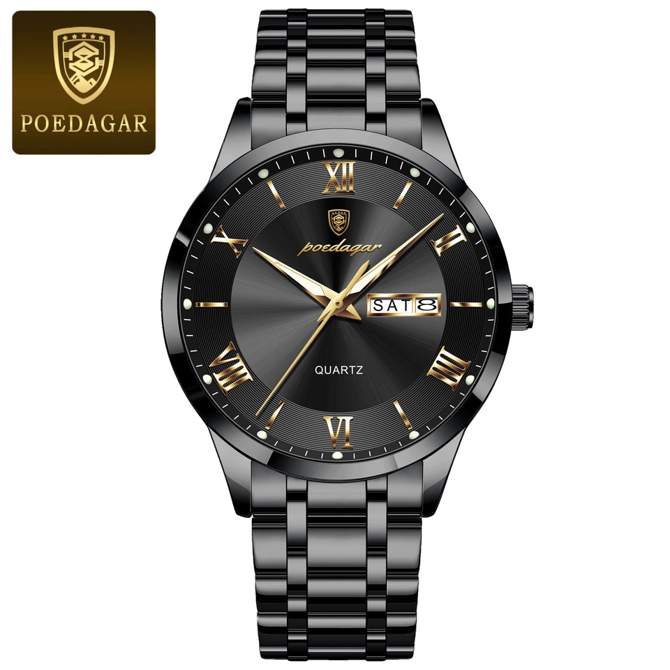 POEDAGAR Luxury Man Clock Waterproof Luminous Week Date Fashion Men's Wristwatch Stainless Steel Business Quartz Watches For Men