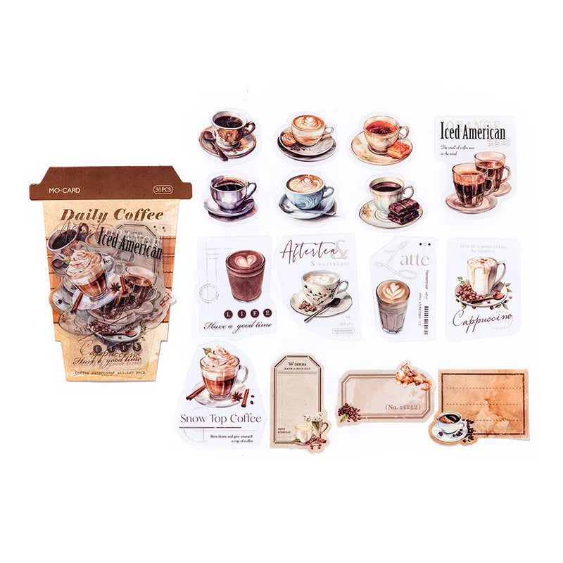 30-Sheet Vintage Coffee Theme Sticker Pack, Retro Coffee Culture Designs & Crisp Details, Perfect for Journal Embellishment