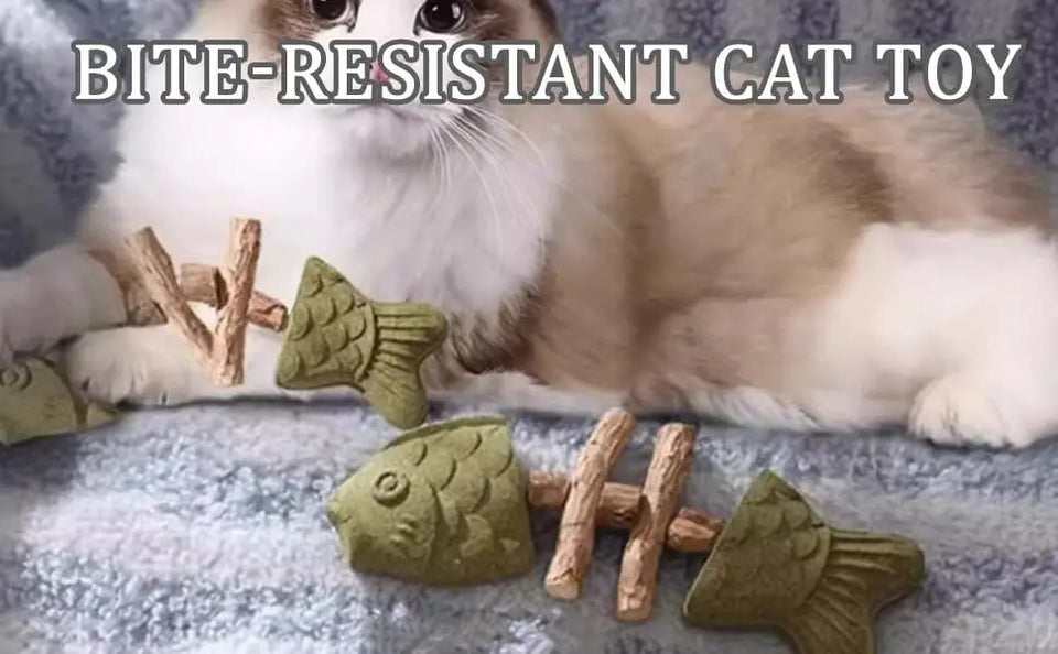 Dental Health Chew Toy for Cats - Bite-Resistant Fishbone Toy with Catnip & Silvervine for Teeth Cleaning, Interactive Play & Or
