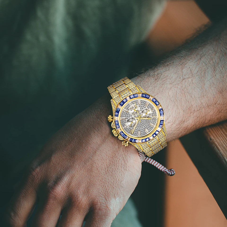 MISSFOX Men Watches 2021 Luxury Large Case With Baguette Full Diamond Quartz Wristwatch Chronograph Calendar Watch Droshipping