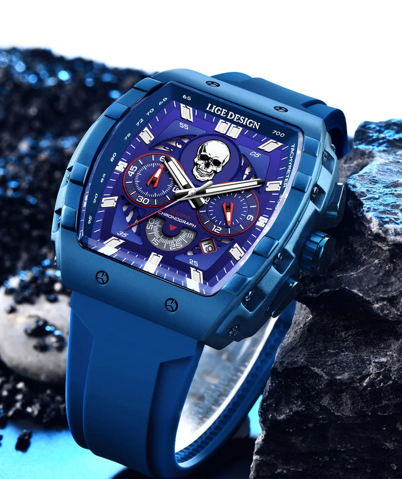 LIGE Brand Mens Watch Skeleton Skull Dial Sports Military Watches Men Fashion Luxury Waterproof Quartz Watch Chronograph Relogio
