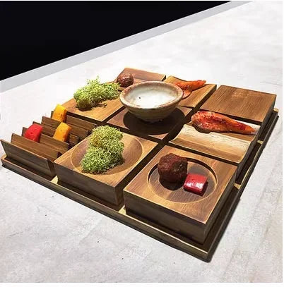 Creative Jiugongge Molecular Cuisine Western Restaurant Plate Dessert Wooden Tableware Restaurant Dim Sum Plate Barbecue Plate