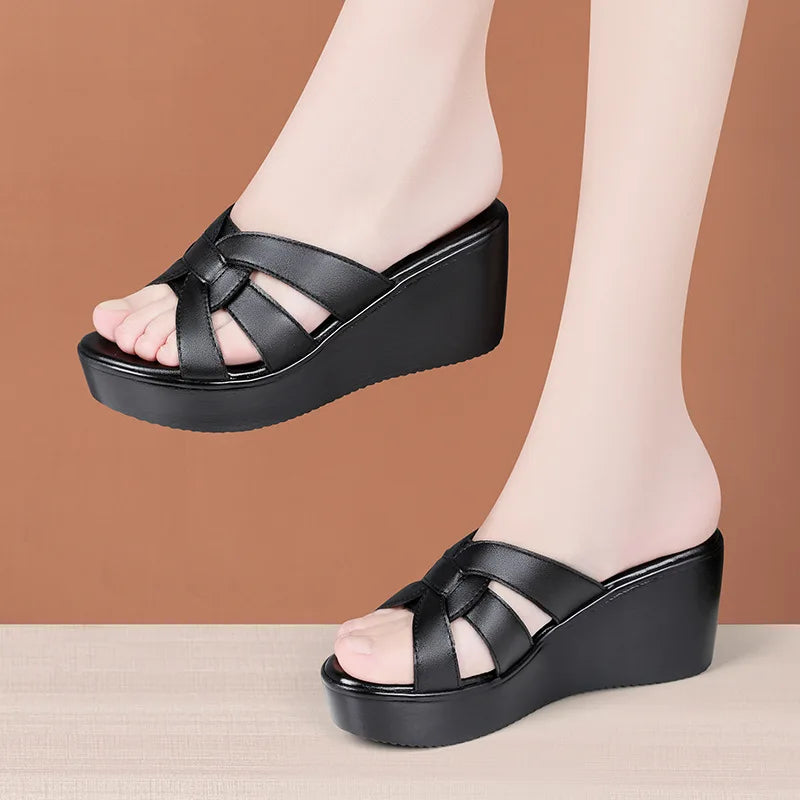 High quality summer leather wedge sandals for women 6cm mid heel new 2025 size 32 33 42 43 platform open toe elegant shoe black
