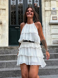 HH Women's Summer New Popular Sweet Laminated Decorative Halter Neck Dress Female Classy Sexy Backless Mini Sleeveless Dress