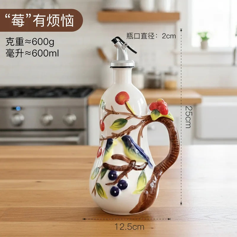 Hand-Painted Ceramic Seasoning Bottle Bird Flower Fruit Soy Sauce Vinegar Oil Bottle Coffee Table Wine Cabinet Decoration
