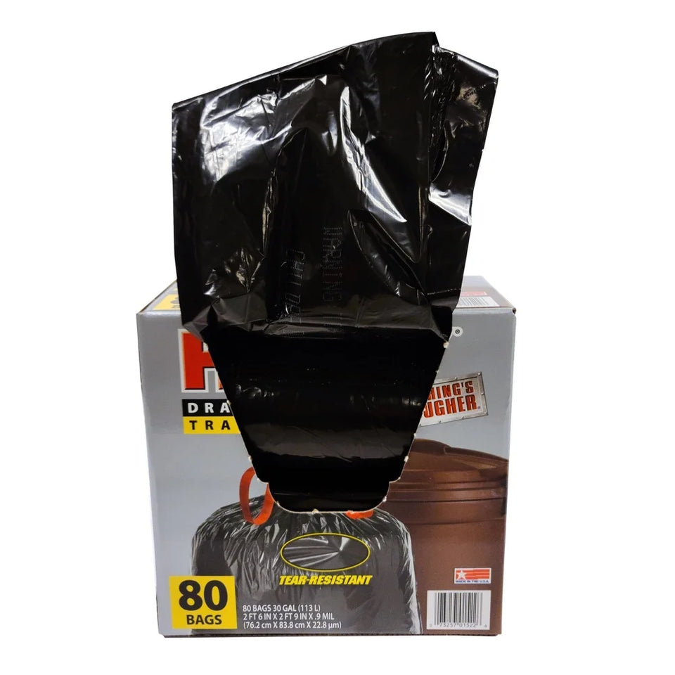 Large Trash Bags 30 Gallon 80 Count Tear-Resistant Drawstring Black Bags Unscented Durable Home Garage Waste Cleanup