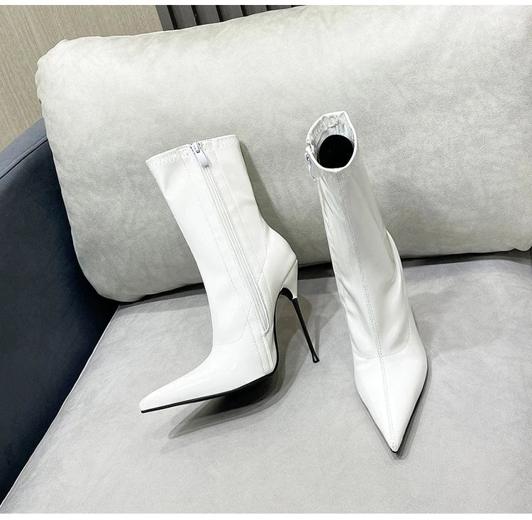 Knee-High Modern Boots Pointy Toe Women Shoes 13cm Ultra Thin Steel High Heels Metal Heel Calf Boots for Women Fun Shoes Size 46