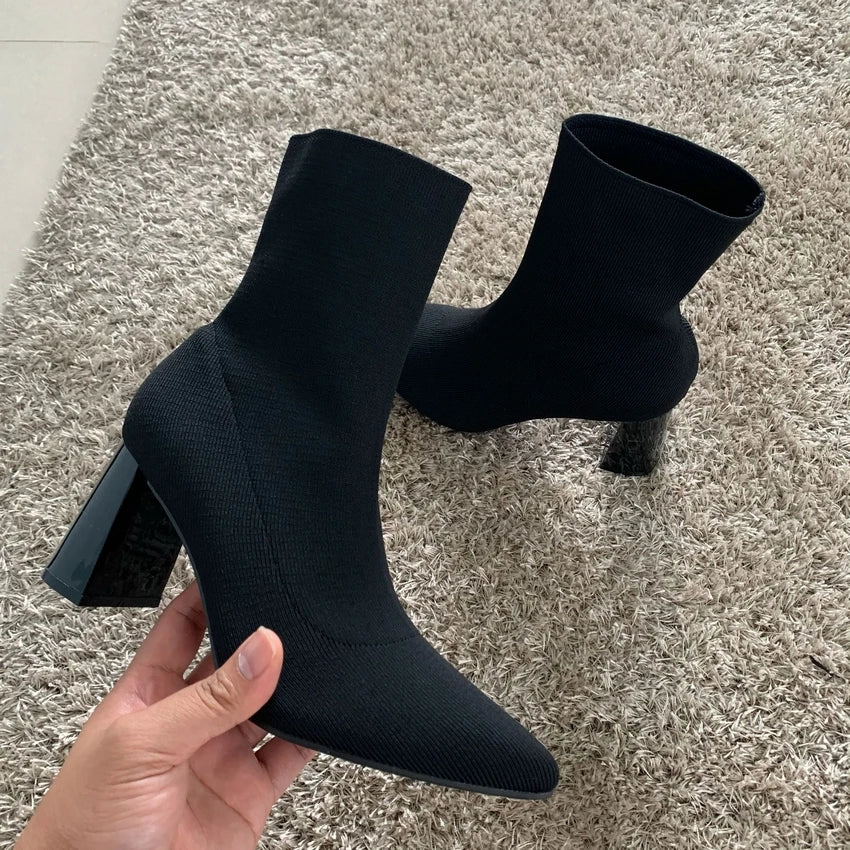 2025 Autumn Winter Knitted Stretch Fabric Socks Boots Women Low Heel Short Boots Pointed Toe Female Ankle Booties Size 42
