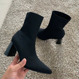 2025 Autumn Winter Knitted Stretch Fabric Socks Boots Women Low Heel Short Boots Pointed Toe Female Ankle Booties Size 42