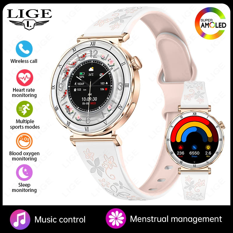 LIGE New 1.19inch AMOLED Fashion Ladies Smart Watch Bluetooth Call Sports Bracelet Women’s Health Waterproof Diamond Smartwatch