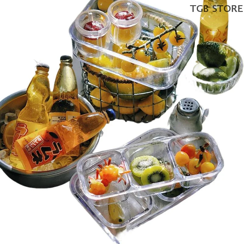 1/6 Dollhouse Mini Kitchen Storage Box Models Set Vegetable Preparation Fresh Keeping Lunch Box Tableware Decor