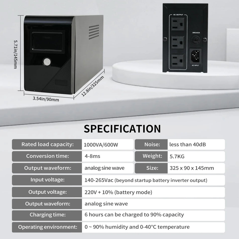 1000VA/600W 120V UPS Power Supply Battery Standby Power with 3 Outlets and LCD Display Surge Protector for Home and Office