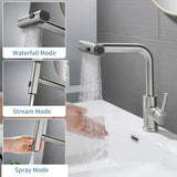 360° rotating, 3-mode waterfall pull-out kitchen faucet, suitable for kitchen sinks, made of stainless steel.