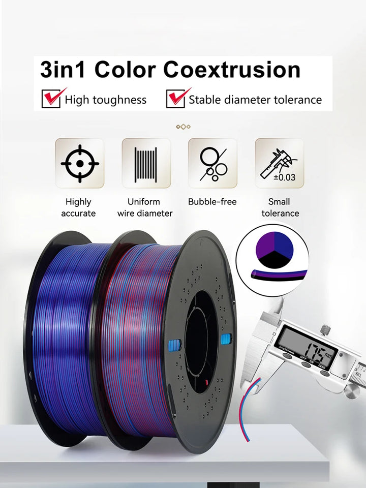 KINGROON 5KG Silk Tricolor PLA Filament 1.75mm, Three-colour Coextrusion 3D Printing Material, New Color Change, 5Roll 1kg/Spool