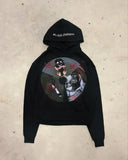 Mens Black Hooded Sweatshirt Green Head Character Graphic Red Text Print American Style Unique Creative Loose Fit Trendy Casual