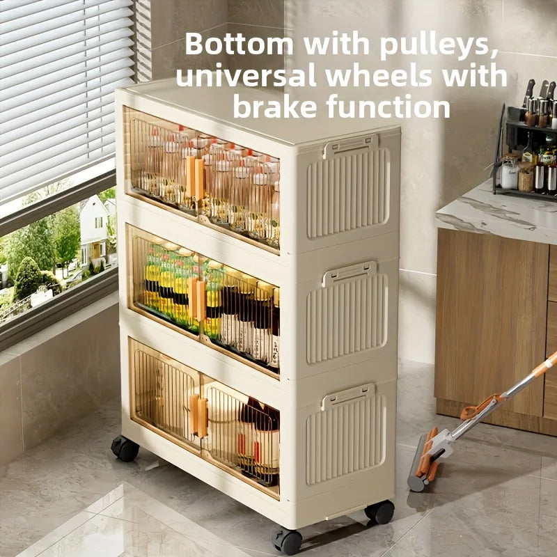 3/4/5-Tier Foldable Cabinet - Plastic Lidded Storage Box, Stackable w/Wheels, for Closet/Bedroom/Office/Kitchen, Decor & Rack