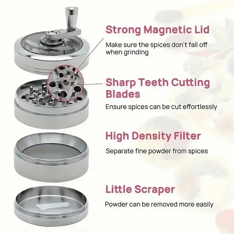 40mm Metal Grinder and Crusher: 4-Layer Hand Crank with Metal Handle - Suitable for Grinding Herbs, Spices, Cinnamon, Ginger