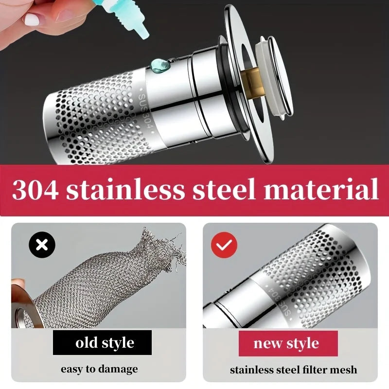 Press-Type Sink Drain Plug - Leakproof Stainless Steel | Fits Kitchen & Bathroom Sinks | Easy Install Anti-Clog Drain