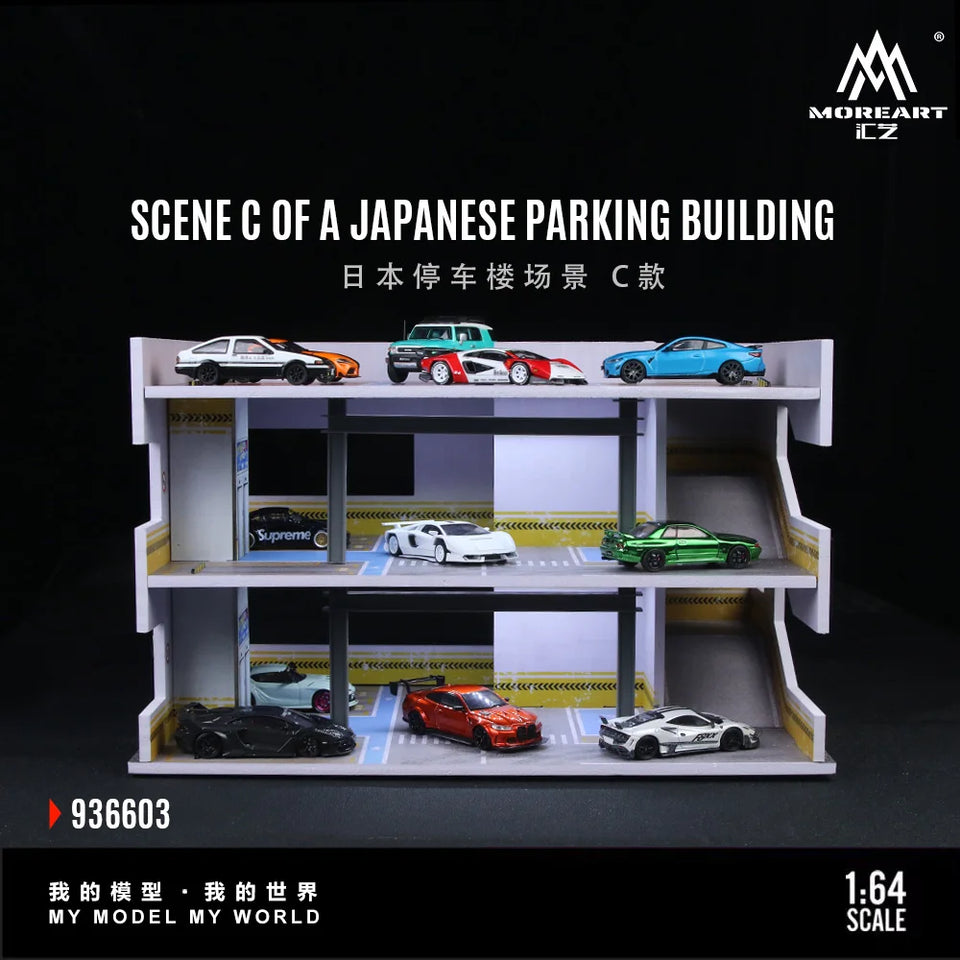 Diorama 1/64 Car Parking Lot with LED Lighting Japanese Commercial Building Model Scene Garage Display Model US