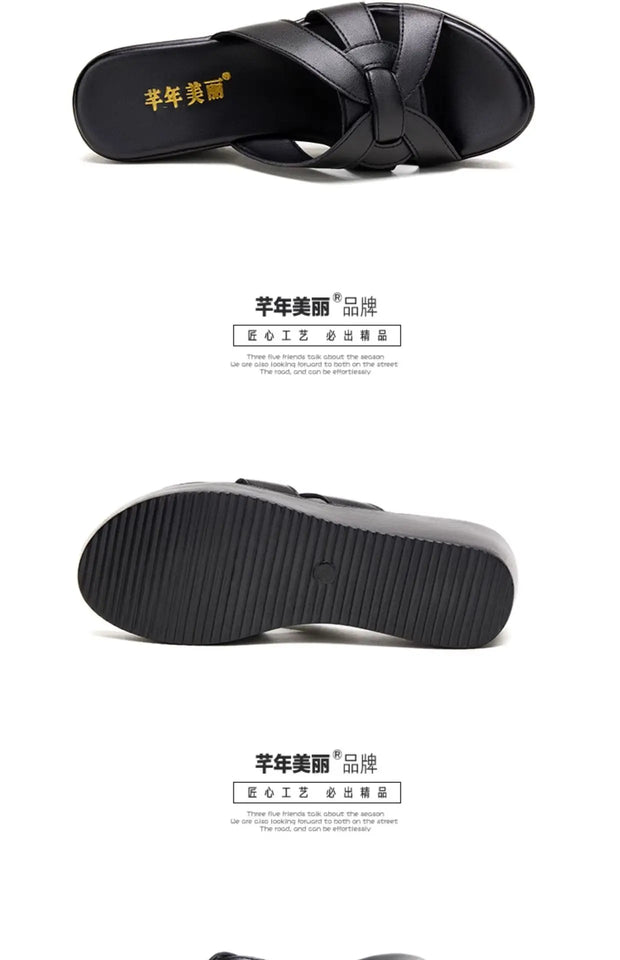 High quality summer leather wedge sandals for women 6cm mid heel new 2025 size 32 33 42 43 platform open toe elegant shoe black