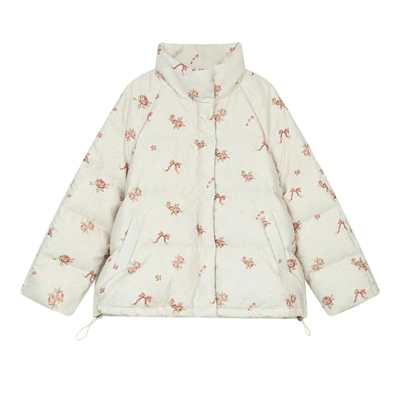 ELFSACK 2025 Winter New Arrivals Y2K Sweet Cute Solid Rose Bow Graphic Hoodless Half High Stand Collar Short Down Jacket For Wom