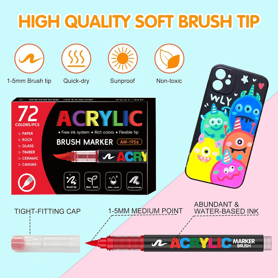 366 Colours Acrylic Markers Flexible Brush Tip Acrylic Paint Marker for Painting Stone Fabric Glass Ceramic Canvas Paper Wood