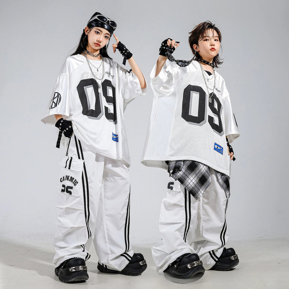 Boys Hip Hop Mesh T-shirt Cargo Pants Girls K-pop Street Dance Sweatshirt Costumes Child Clothes Sets Kids Teens Jazz Streetwear