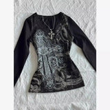 Retro Hip Hop Y2K T-Shirts Fashion Women Sexy Long Sleeve Gothic Vintage Punk Streetwear Tops Casual Slim Hot Girl Autumn Tees