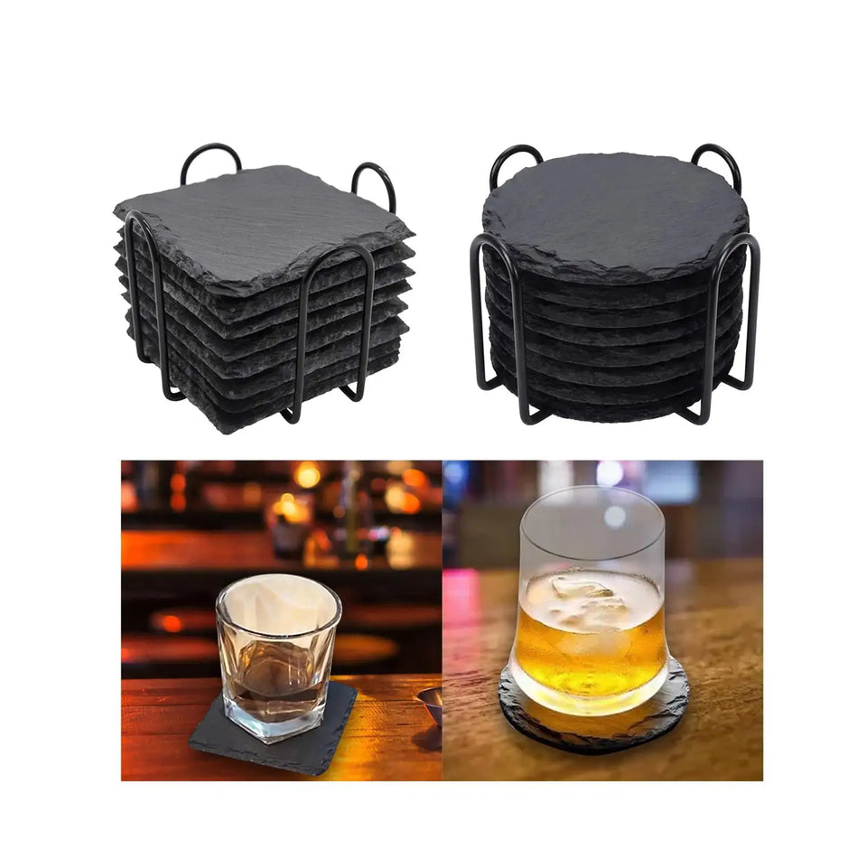 8x Slate Stone Drink Coasters Rustic Tabletop Protection with Holder Cup Coaster for Coffee Table Apartment Home Hotel Bar