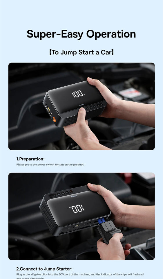 Baseus 4 In 1 Car Jump Starter with LED Lighting 600A Portable Car Battery Charger Power Bank Tire Inflator Pump Air Compressor