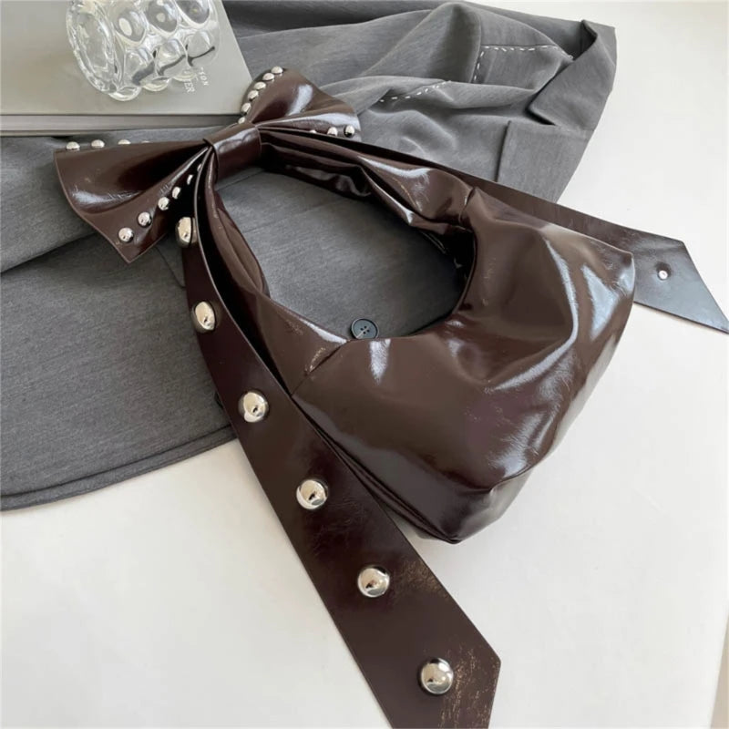 Trendy Handbag for Women with Unique Bows and Rivet Embellishments Stylish PU Leather Women's Shoulder Bag
