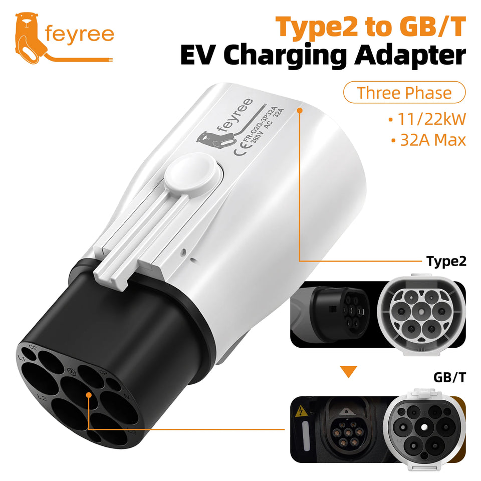 Feyree EV Charger Adapter Type2 to GB/T Converter 32A 22KW 3P for China Standard Electric Vehicle 7KW 32A 1P EV Car Connector