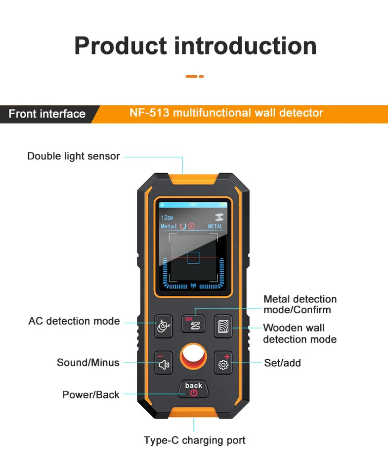 Noyafa Nf-513S Metal Detector Wire Finder for Detecting Underground Cables Cable Metal AC Wood in Walls Cable Tracker Tools