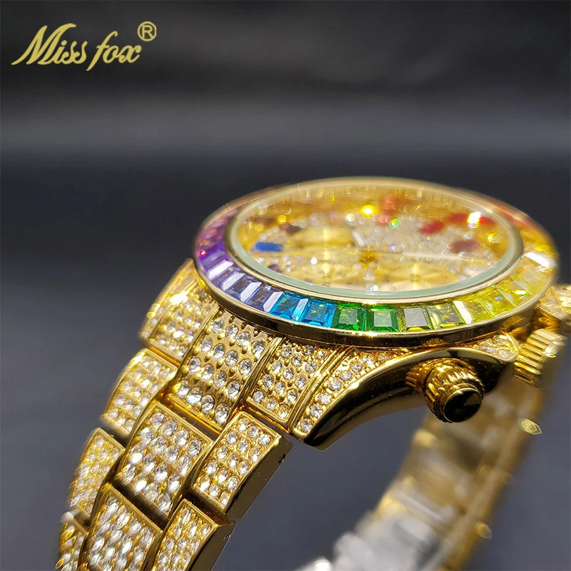 MISSFOX Men Watches 2021 Luxury Large Case With Baguette Full Diamond Quartz Wristwatch Chronograph Calendar Watch Droshipping