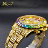 MISSFOX Men Watches 2021 Luxury Large Case With Baguette Full Diamond Quartz Wristwatch Chronograph Calendar Watch Droshipping