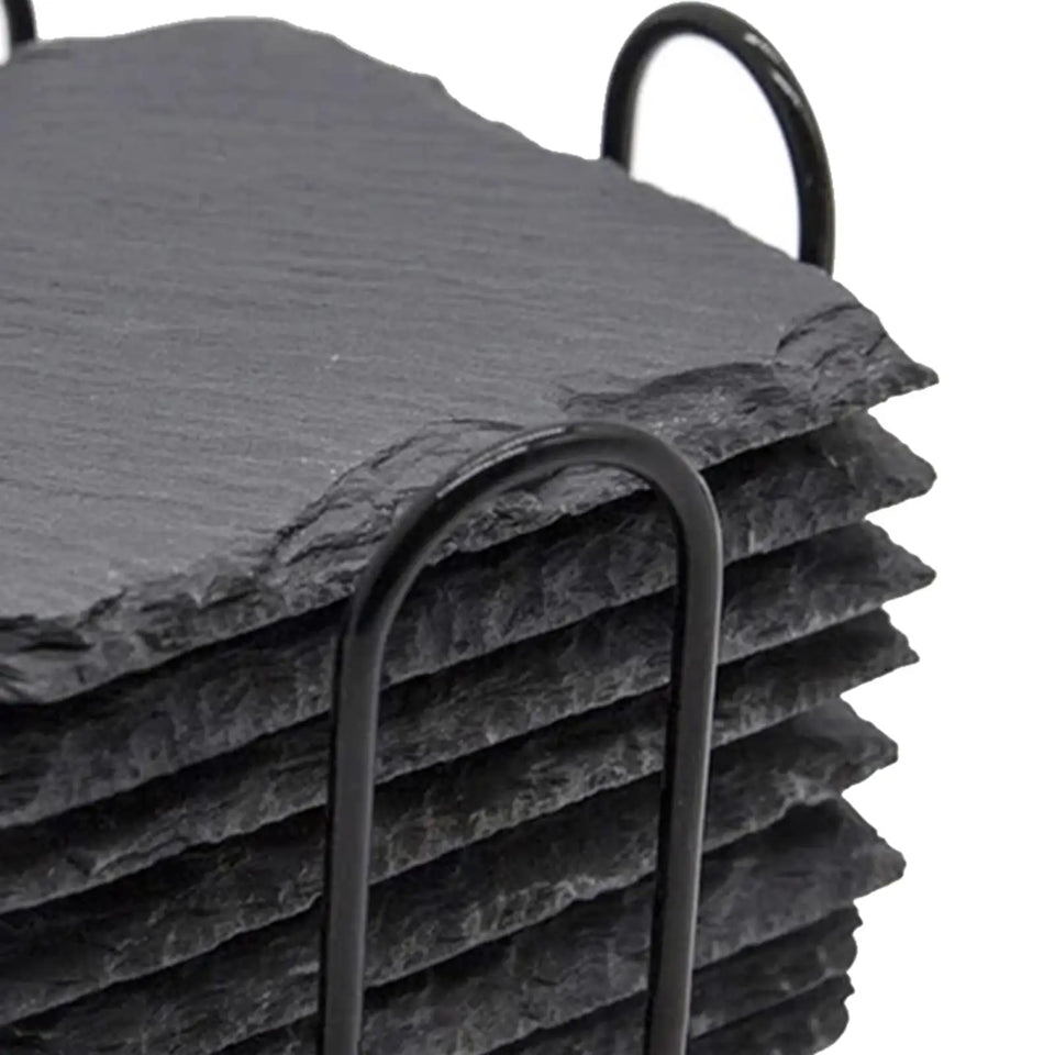 8x Slate Stone Drink Coasters Rustic Tabletop Protection with Holder Cup Coaster for Coffee Table Apartment Home Hotel Bar